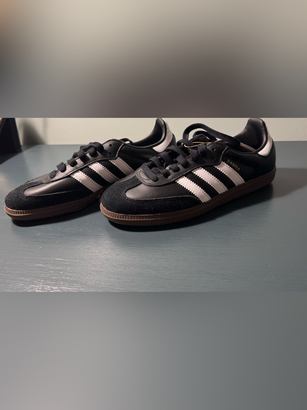 adidas Black Sneakers with White Stripes and Brown Gum Sole